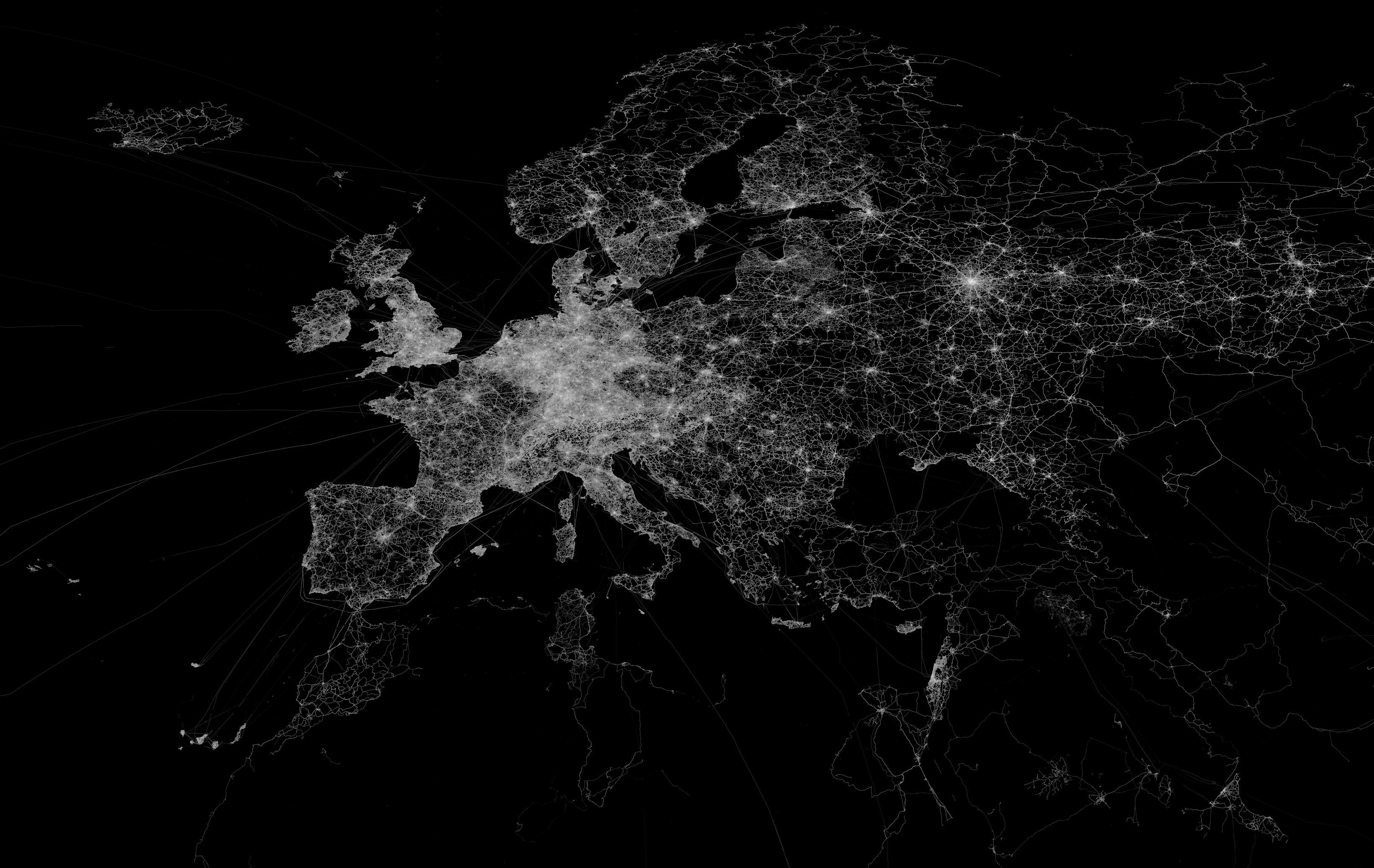 OpenStreetMap GPS trace density in and near Europe (adapted) (Image by Eric Fischer [CC BY 2.0] via Flickr)