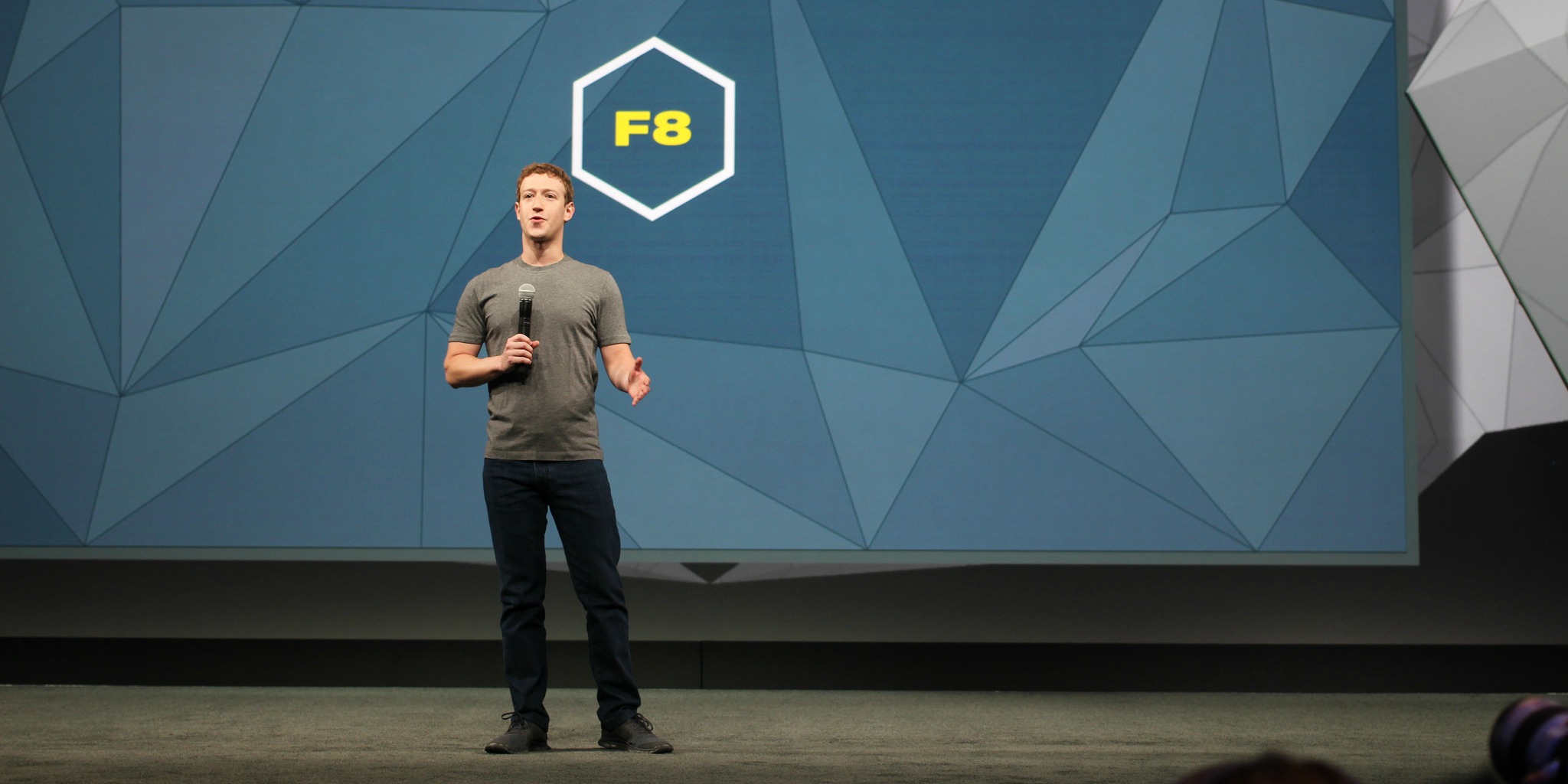 Mark Zuckerberg on stage at Facebook's F8 Conference (adapted) (Image by Maurizio Pesce [CC BY 2.0] via flickr)