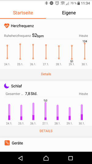 Huawei Band 2 Pro Herz und Schlaf (Screenshot by Jennifer Eilitz)