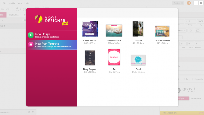 Um Social Media- oder Blog-Posts zu gestalten, stehen uns diverse Templates zur Verfügung. / Screenshot Gravit Designer by Moritz Stoll
