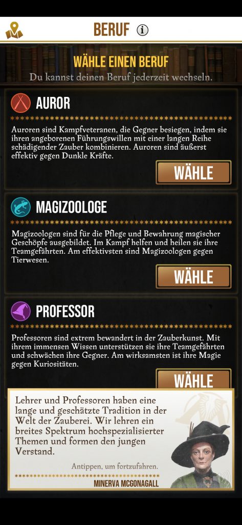 Die Berufsauswahl in Wizards Unite