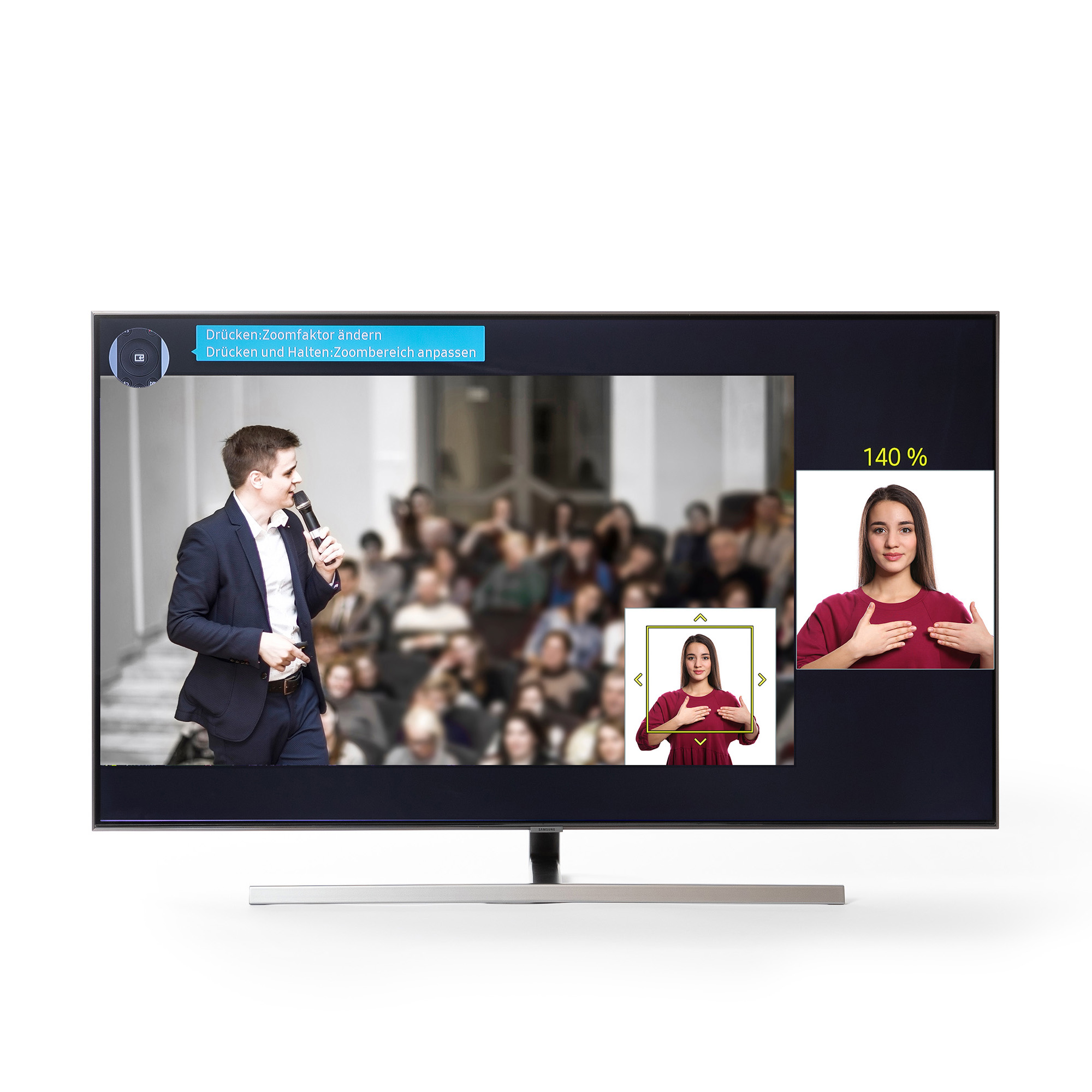 Für die Barrierefreiheit beim Fernsehen vergrößert der Gebärdensprache-Zoom auf Samsung Smart TVs das Fenster mit Dolmetschern