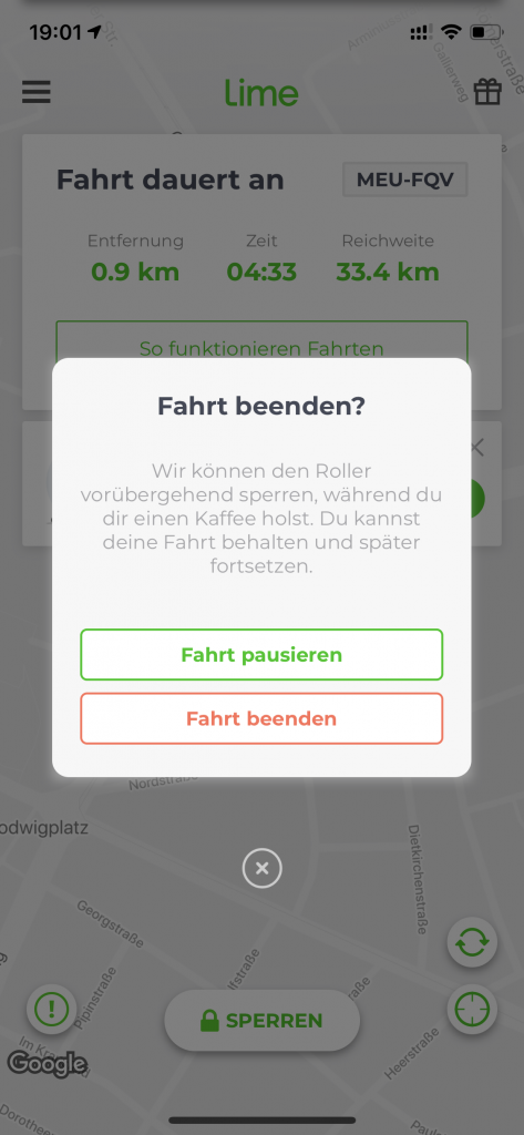 Das Beenden oder Pausieren der Fahrt