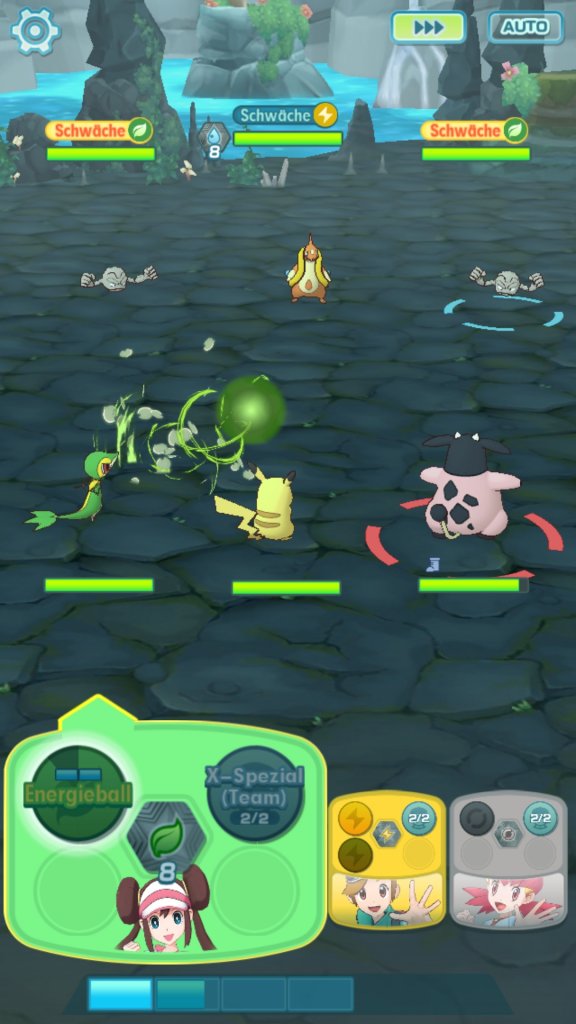 Der Kampf-Bildschirm von Pokémon Masters.