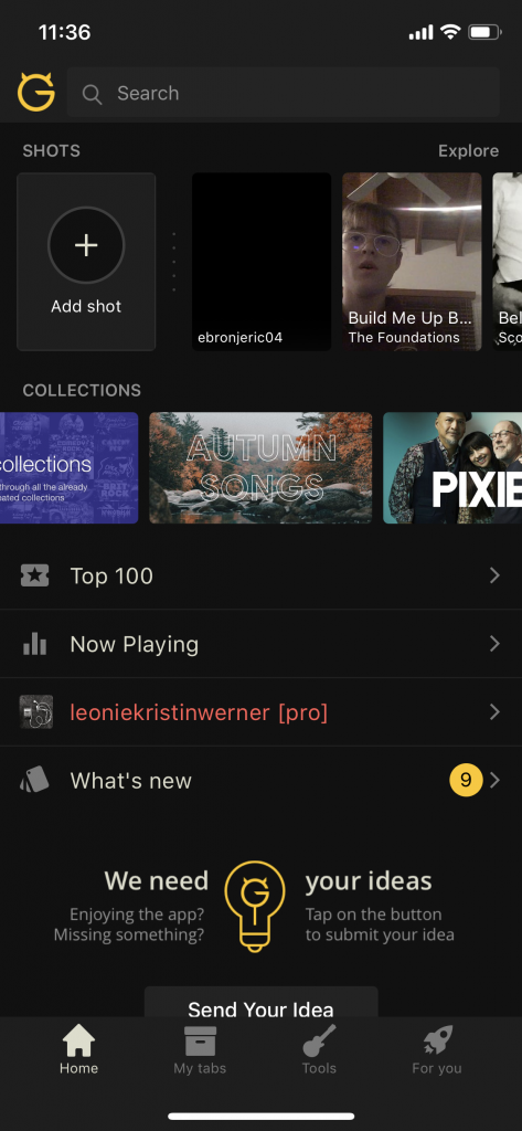 So sieht der Startbildschirm der Guitar Tabs App aus