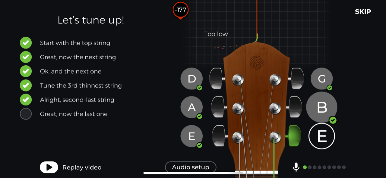 Screenshot der Anfang in yousician zum Gitarre lernen online
