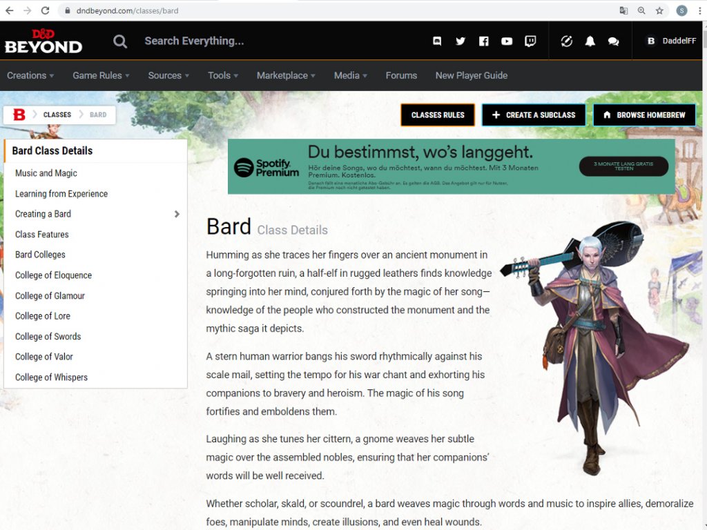 Ein Kompendium-Eintrag bei D&D Beyond