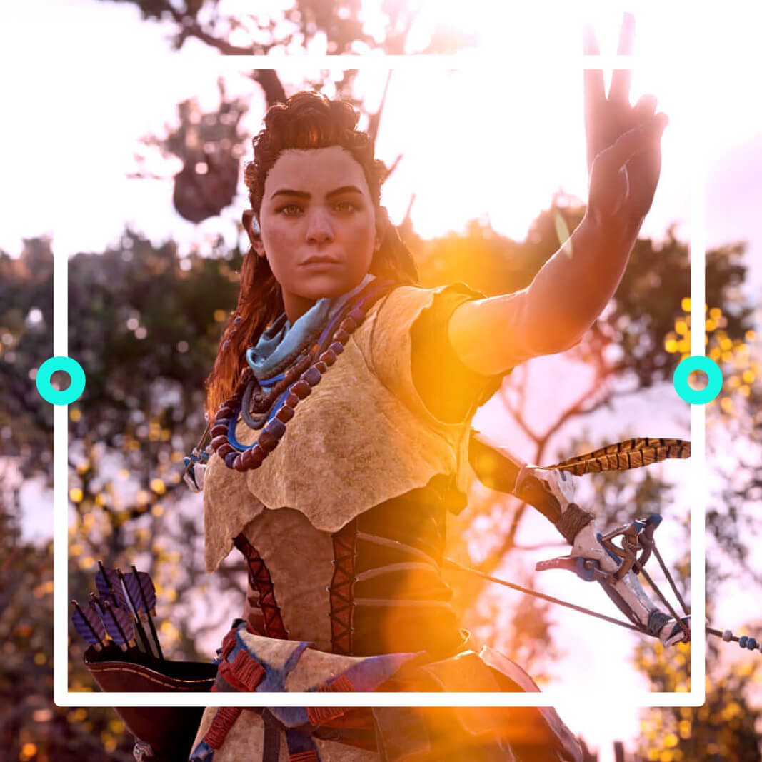 Charakter von Horizon Zero Dawn posiert mit Victory-Geste