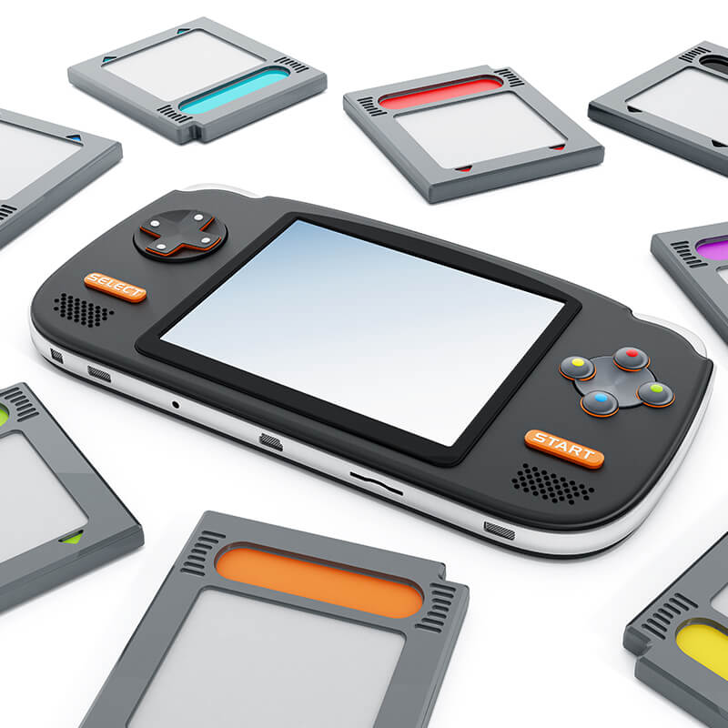 Das Bild zeigt eine Retro Handheld Konsole mit Retro Cartridges / Bild von Destina