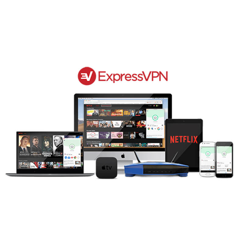 ExpressVPN-Logo mit Geräten mitinstalliertem VPN-Zugang.