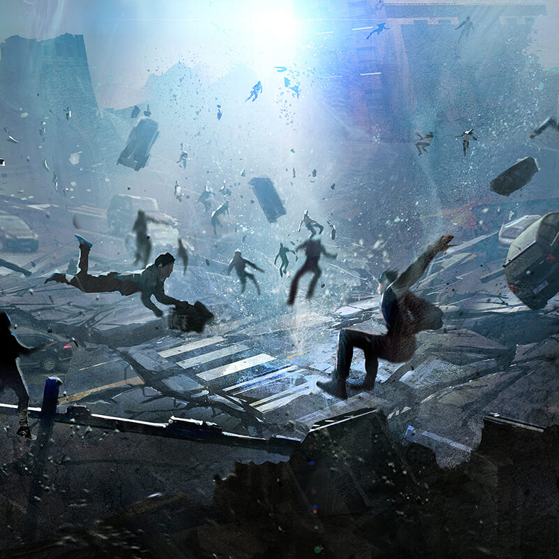 Bild zum Thema Game Design - Szene aus einem Spiel in der Menschen und Autos wie magisch durch die Luft gehoben werden - Bild von liuzishan via Adobe Stock
