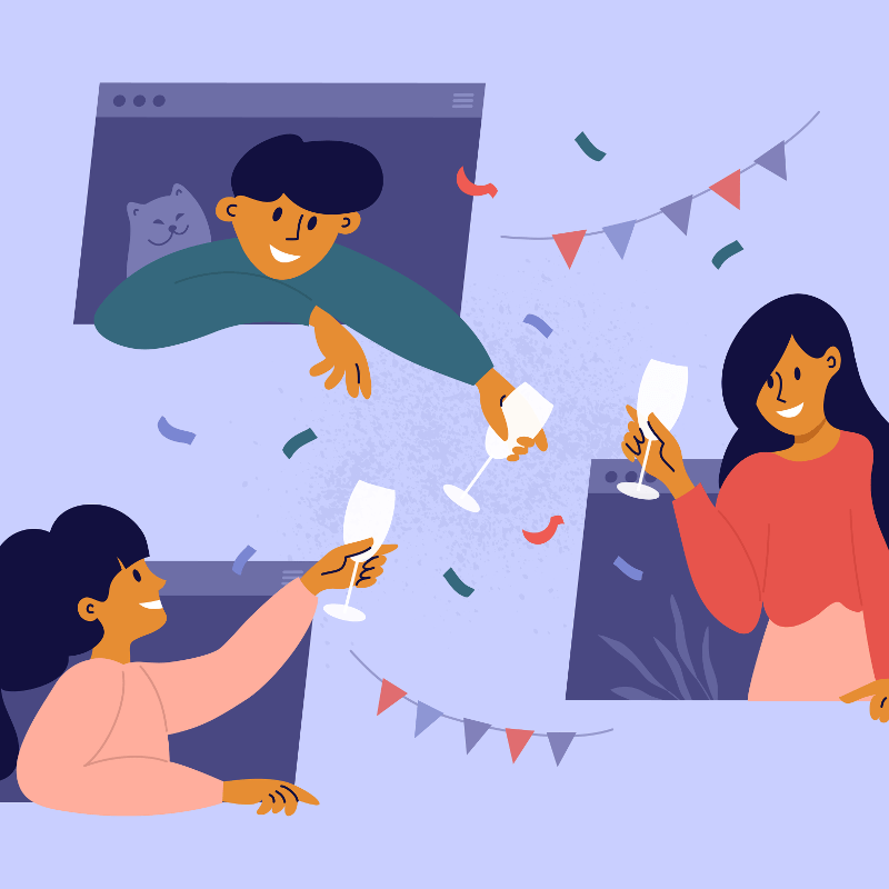 Animation, auf der 3 Freunde aus Bildschirmen ragen und gemeinsam Sekt trinken (Online-Aktivität)