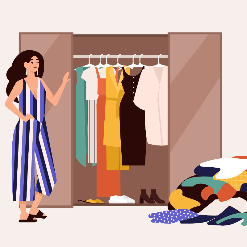 Animation, auf der eine Frau neben einem ordentlichen Kleiderschrank steht. Auf dem Boden liegt ein Haufen mit aussortierter Kleidung