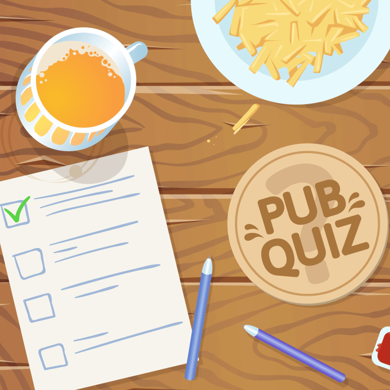 Animierter Tisch mit Bier, einem "Pub Quiz"-Untersetzer, Fritten und einem Fragebogen