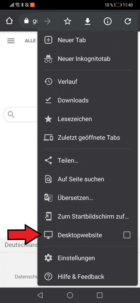 Eine Desktopseite auf dem Smartphone öffnen