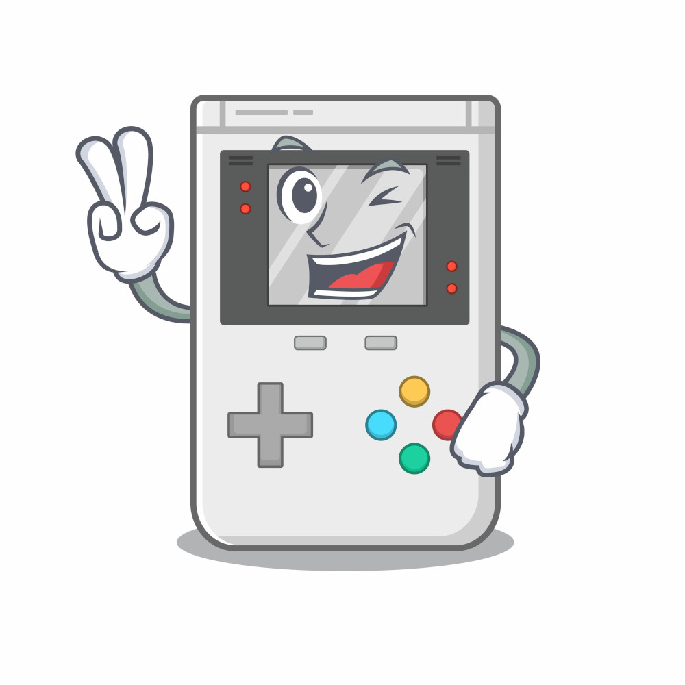 Eine comichafter Game Boy mit Händen, der einem zuzwinkert.