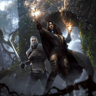 Geralt und Yennefer in Kampfpose, mit gezogenem schwert und erhobenen Händen im Wald in einer Ruine, in Anime stil gemaltes Bild