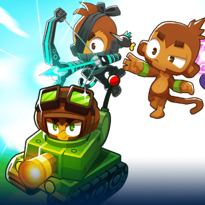Bloons TD6 Bild in Comicstil, 3 Affen zu sehen, einer in einem Panzer, der andere über ihm mit einem Hightech Bogen, der andere rechts mit einem Dartpfeil