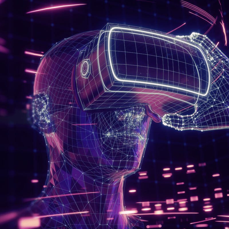 Eine virtualisierte Person, die ein VR-Headset trägt.