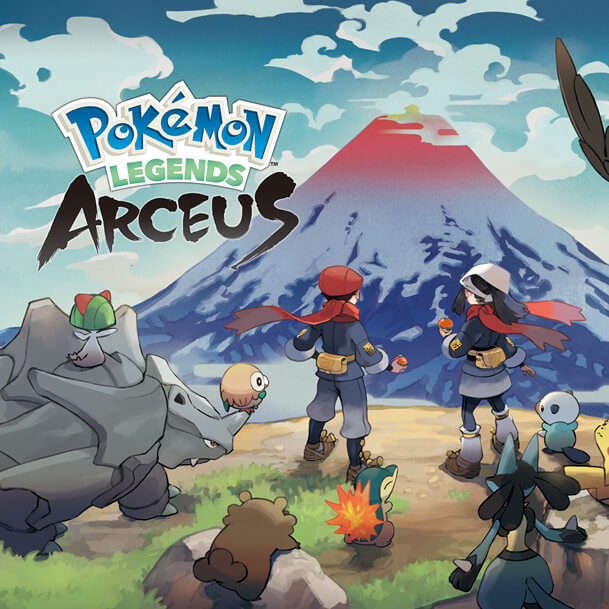 Coverart von Pokémon-Legenden: Arceus, dass die beiden Hauptcharaktere und einige Pokémon zeigt. im Hintergrund ragt ein großer Vulkan auf.