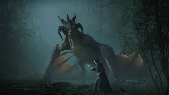 Mit dem Zauberstab bewaffnet, steht der Protagonist in nächtlicher Dunkelheit einem Drachen gegenüber