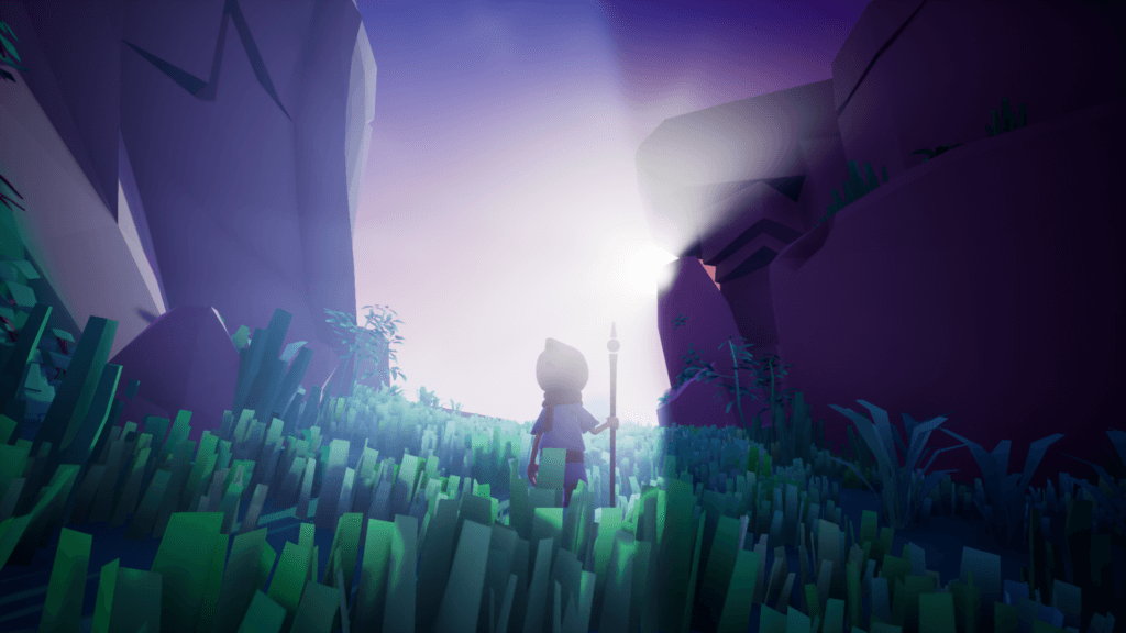 Screenshot aus Omno - Protagonist vor einer Felsspalte
