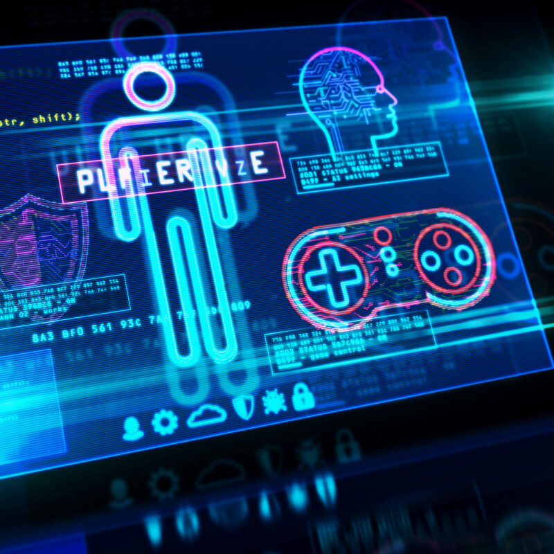 Darstellung einer KI auf dem Bildschirm mit Symbolen für einen Mensch, einen Controller und den Kopf als Denkzentrale. Durch die blau-violette Farbgebung wirkt es futuristisch.