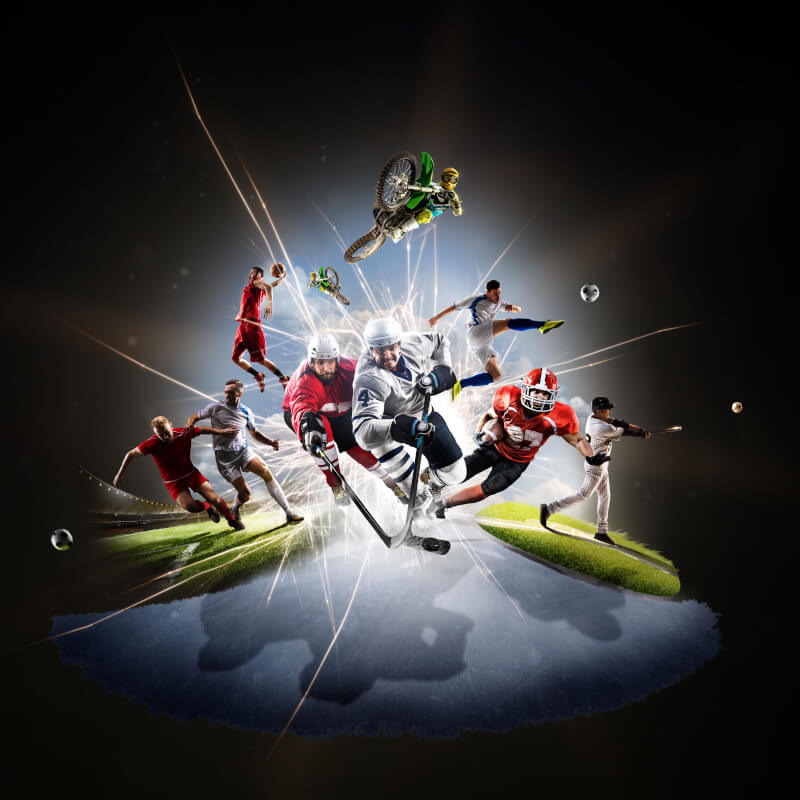 Beitragsbild Die besten Sportspiele 2022: Multi-Sport-Collage vom Fußball-Basketball-Hockey-Fußball-Baseball-Dirt-Bike