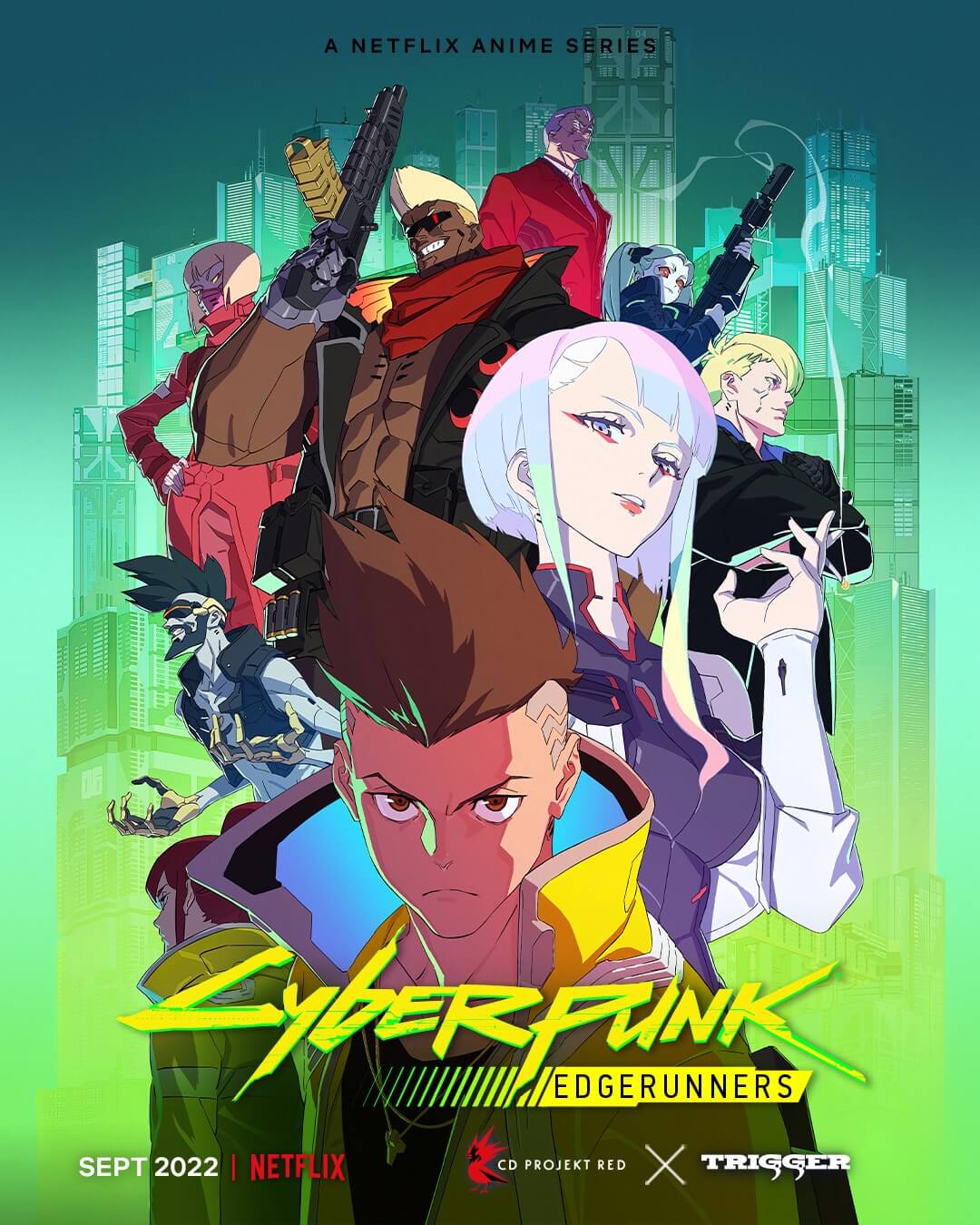 Die wichtigsten Charaktere der Serie Cyberpunk: Edgerunners auf einem offizielles Poster.