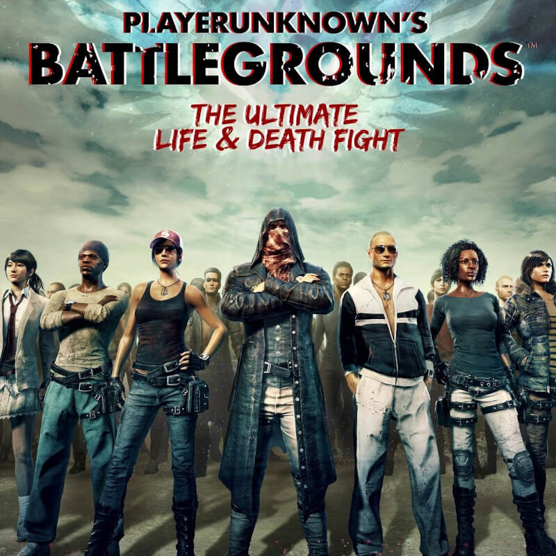 Artwork des Spiels PUBG, das mehrere Charaktere zeigt, die in mehreren Reihen aufgestellt sind.