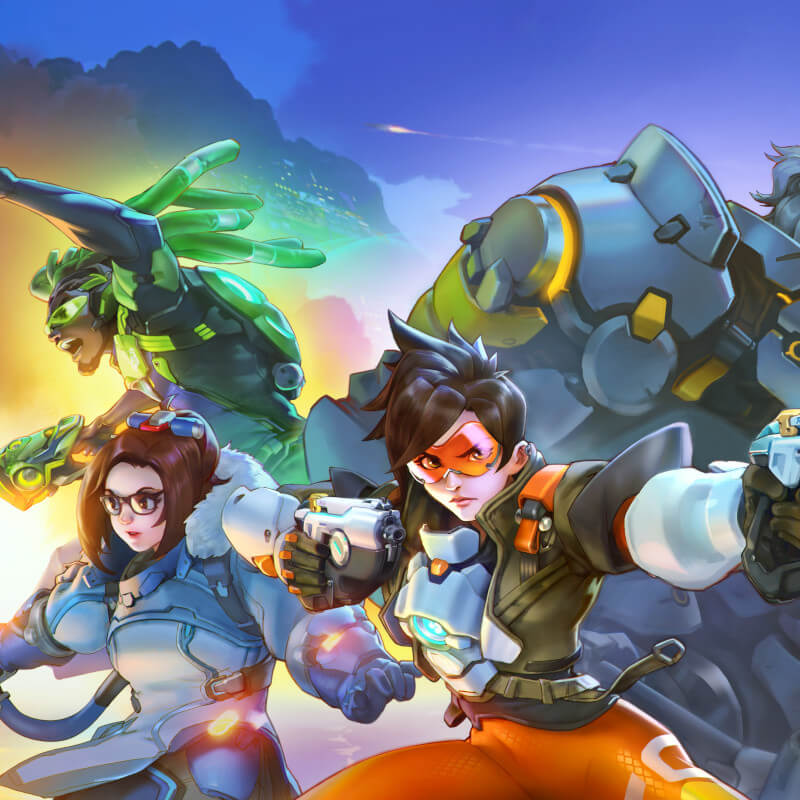 Beitragsbild Die besten Shooter Games auf der PS5: Kunstbild von Helden des Spiels Overwatch. Zu sehen sind die Helden Lúcio, Mei, Tracer und Reinhardt