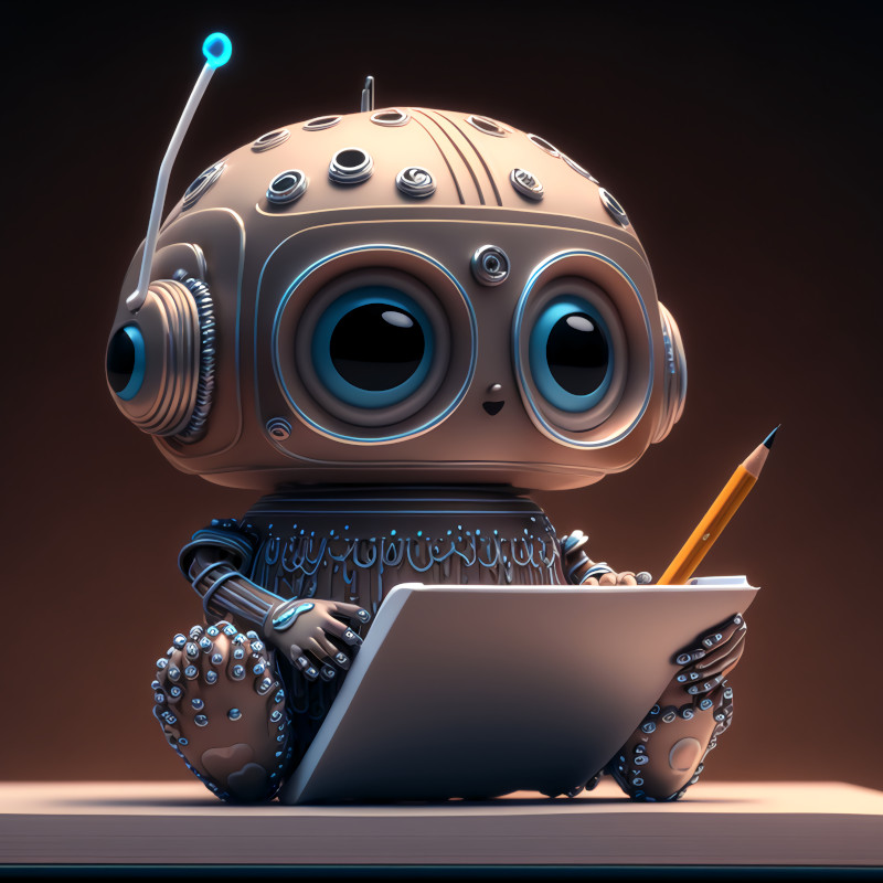 Ein süßer kleiner Roboter mit großen Augen sitzt mit Stift und Pad auf einem großen Notizblock.