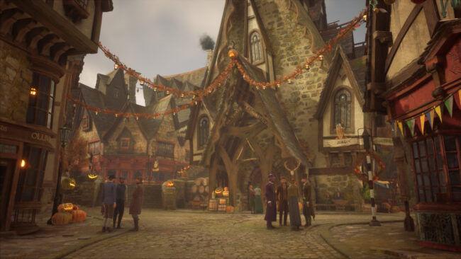Das Dorf Hogsmeade mit zahlreichen herbstlichen Kürbisdekorationen