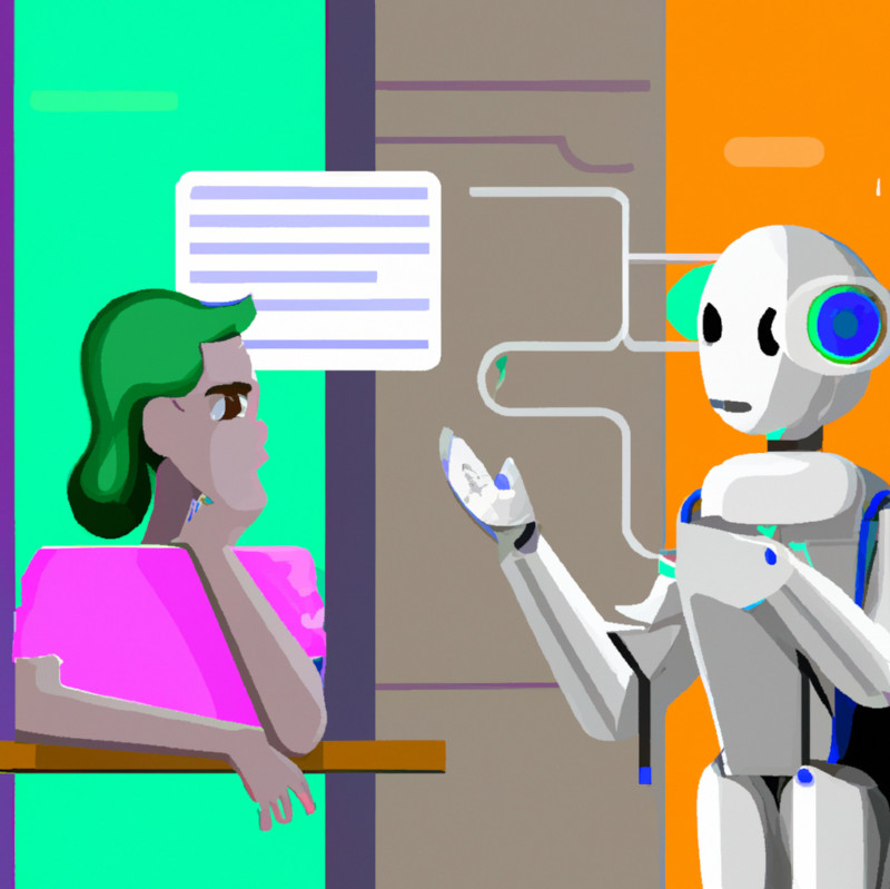 Ein Mensch und ein Roboter diskutieren miteinander.