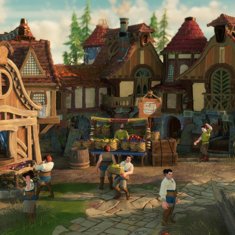 Eine Stadt in die Siedler mit mehreren Stadtbewohnern und einem Marktstand.