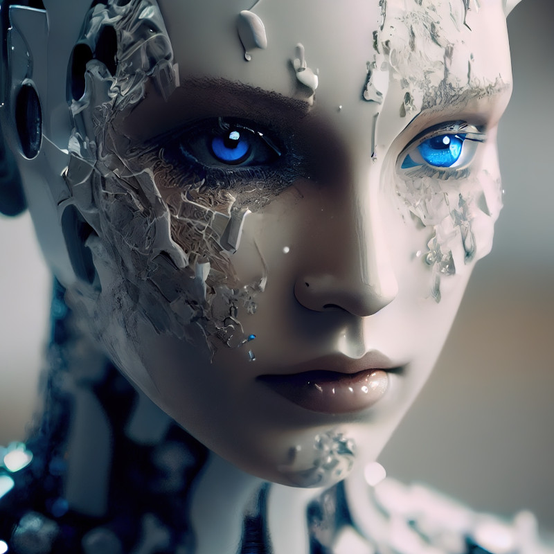 Ein KI-Android mit blauen Augen starrt kühl in eine Richtung.