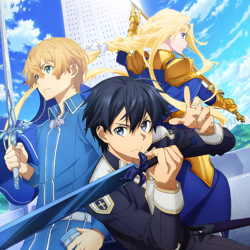 Die drei Hauptcharaktere von Sword Art Online: Alicization mit Schwertern in der Hand.