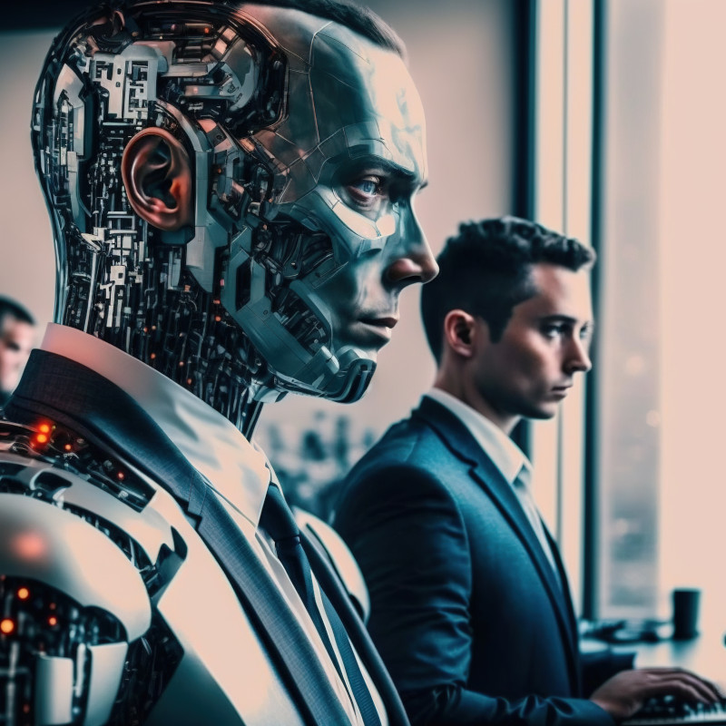 Ein Geschäftsmann arbeitet Seite an Seite mit einem sehr menschlich wirkenden Roboter.