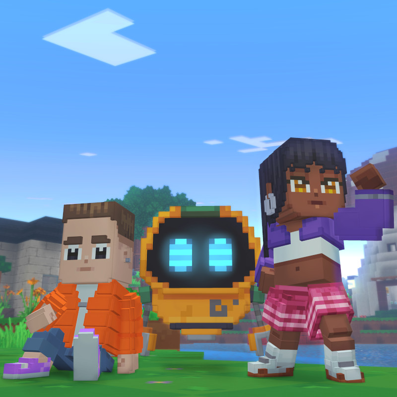 Screenshot aus dem Spiel Biomes, dass die blockartigen Figuren zweier menschlicher Figuren und eine Art schwebenden Roboter zeigt.
