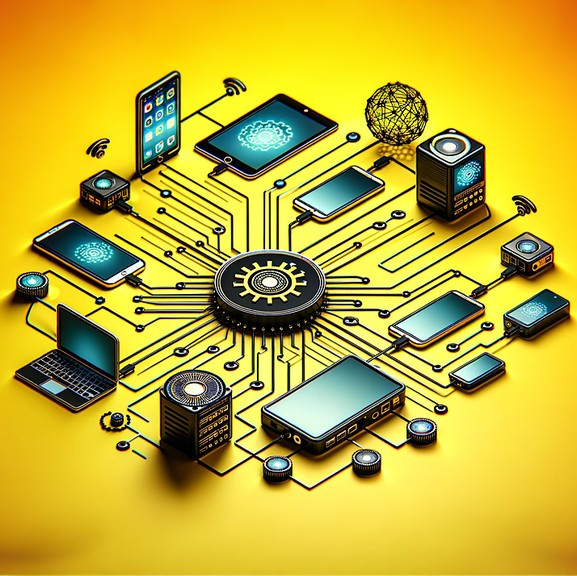Ein isometrisches Konzeptbild, das eine Vielzahl von technologischen Geräten wie Smartphones, Laptops, Tablets und Server, die alle mit einem zentralen Chip verbunden sind, darstellt. Dieses Bild symbolisiert Edge Computing, Konnektivität und das Internet der Dinge (IoT), wo alle Geräte in einem Netzwerk integriert sind. Der Hintergrund ist in einem Farbverlauf von Gelb zu Orange gehalten.