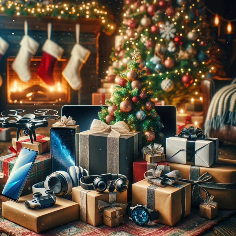 Weihnachtsszene mit einem festlich dekorierten Baum und Geschenken für Technikbegeisterte, darunter ein Laptop, Kopfhörer, eine Smartwatch, ein Smartphone und eine Drohne, in einem warmen Raum mit Kamin und hängenden Strümpfen.