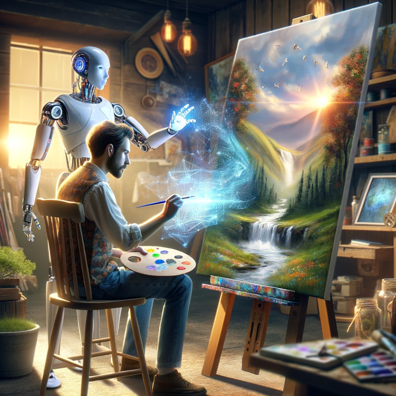 Menschlicher Künstler und humanoider Roboter arbeiten in einem Kunststudio zusammen, wobei der Künstler eine Landschaft mit einem Wasserfall auf einer Leinwand malt und der Roboter Farben über ein holografisches Display vorschlägt.