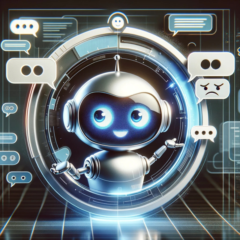 Alttext für das erste Bild: "Ein fantasievoller, spielerischer Chatbot mit einem leicht spöttischen Ausdruck, eingebettet in ein futuristisches Chatfenster. Um den Chatbot herum befinden sich Sprechblasen mit sarkastischen Kommentaren.