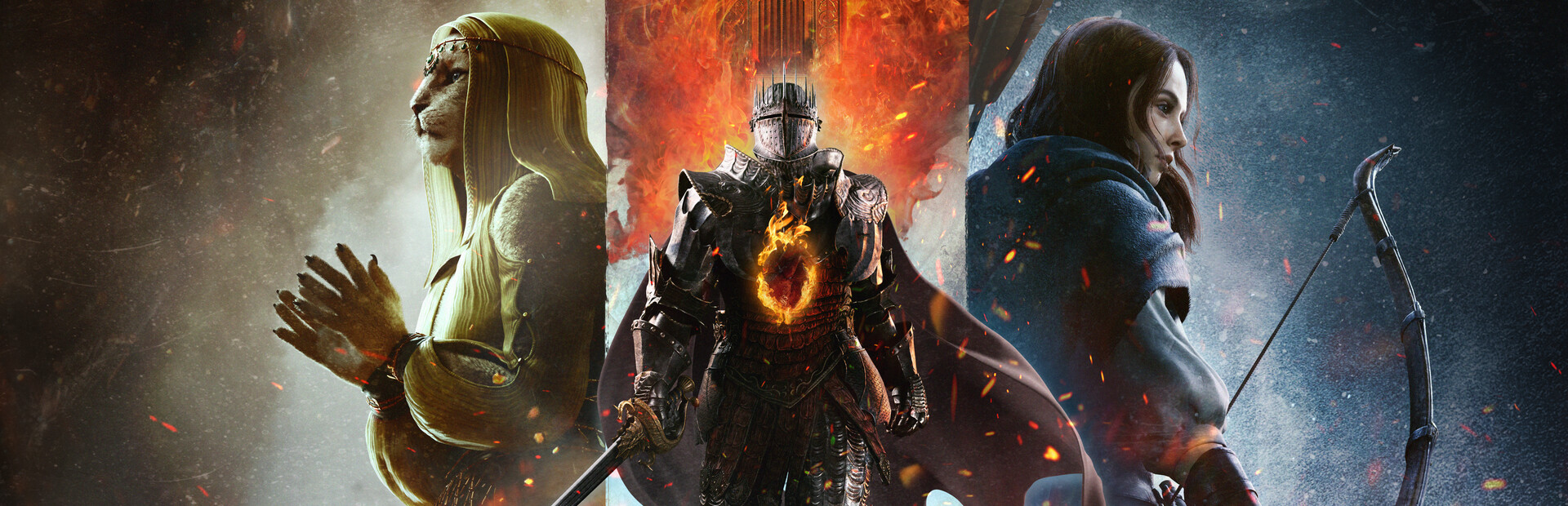 Ein Ritter mit brennendem Herzen, eine Katzenfrau, Priesterin und ein in Kapuze gehülter Bogenschütze dreiteilen das Cover des neuen Dragons Dogma eines der heißesten Videospiele 2024