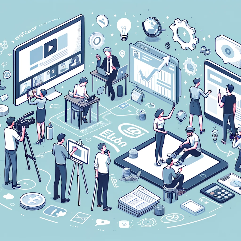 Das Bild ist eine isometrische Illustration, die verschiedene Aspekte der Creator Economy darstellt. Man sieht Personen, die unterschiedliche kreative Aktivitäten ausführen: Einige erstellen Inhalte an Computern, andere filmen ein Video, jemand hält einen Vortrag und wieder andere arbeiten an Grafiken auf Tablets. Um sie herum sind Symbole verteilt, die für verschiedene digitale und kreative Werkzeuge stehen, wie Kameras, Glühbirnen für Ideen, Zahnräder für die Arbeit, Sprechblasen und soziale Medien-Icons. Das gesamte Bild vermittelt eine dynamische und vernetzte Arbeitsumgebung, in der Kreativität und digitale Technologie zusammenkommen.