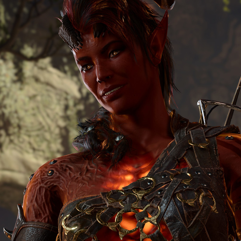 Die Tieflings-Begleiterin Karlach im Spiel Baldur's Gate 3.