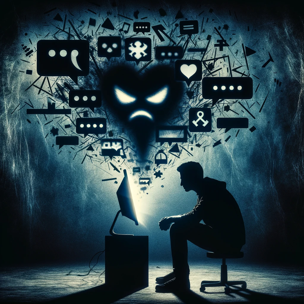 Bild das toxisches Verhalten online visualisiert, schwarze ,männliche Silhouette vor einem Bildschirm, darüber strömen Sprechblasen, emojis und ähnliches heraus