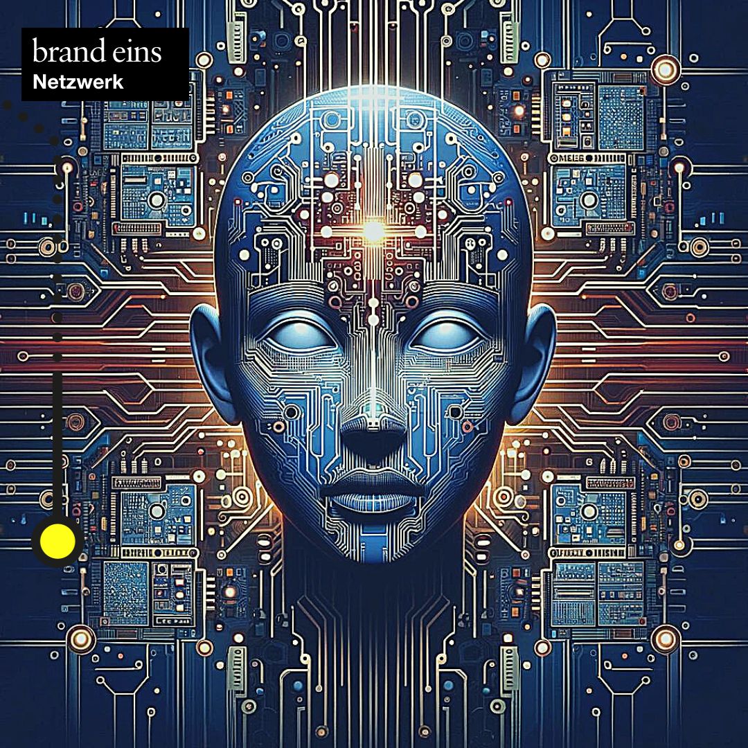 Eine Künstliche Intelligenz als Kopf mit zahlreichen schaltkreisen dargestellt.