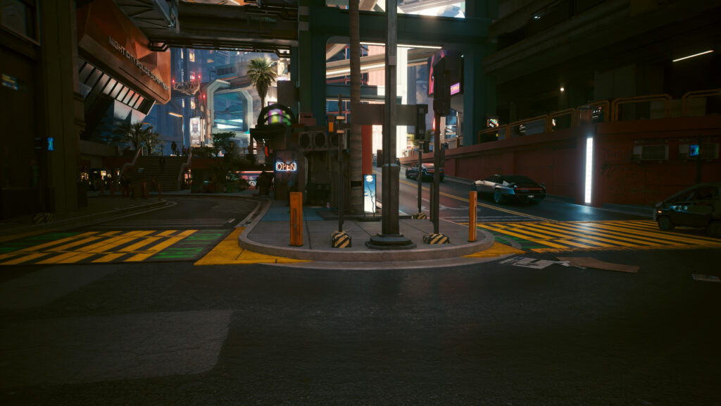 Zwei direkt nebeneinander liegende Straßenkreuzungen in Cyberpunk