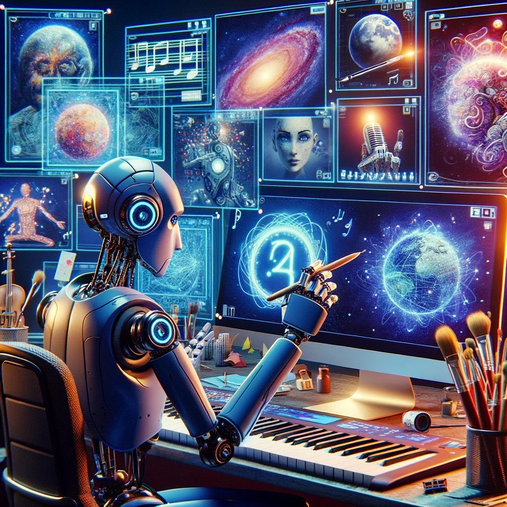 Eine anthropomorphe KI-Roboterfigur sitzt an einem futuristischen Schreibtisch, umgeben von mehreren Bildschirmen, die verschiedene künstlerische Werke anzeigen, darunter Gemälde, Notenblätter und 3D-Modelle. Der Roboter hält einen digitalen Stift und zeigt einen nachdenklichen Gesichtsausdruck. Rund um den Schreibtisch sind verschiedene kreative Werkzeuge wie ein Pinsel, ein musikalisches Keyboard und ein Bildhauerwerkzeug angeordnet.